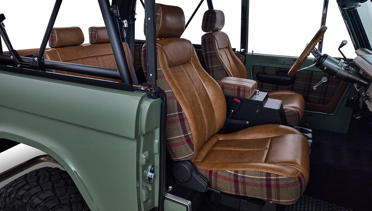 Ford Bronco 1973 Boxwood Green Coyote Series with Brown Soft Top Custom Leather Tartan Interior