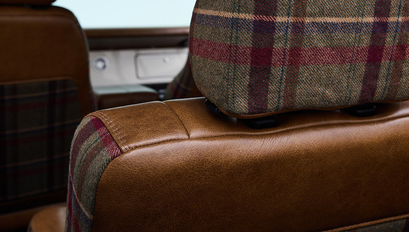 Ford Bronco 1973 Boxwood Green Coyote Series with Brown Soft Top Custom Leather Tartan Interior