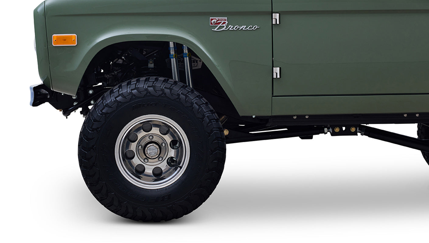 Ford Bronco 1973 Boxwood Green Coyote Series with Brown Soft Top Custom Leather Tartan Interior