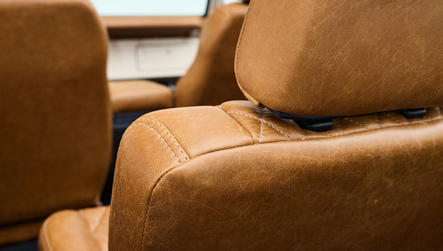 Ford Bronco 1973 Harvest Moon Coyote Series with Custom Whiskey Leather Diamond Stitch Interior