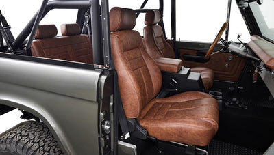 Ford Bronco 1977 302 Series in Adventurine Green with Black Soft Top and Custom Stitch Cigar Leather Interior