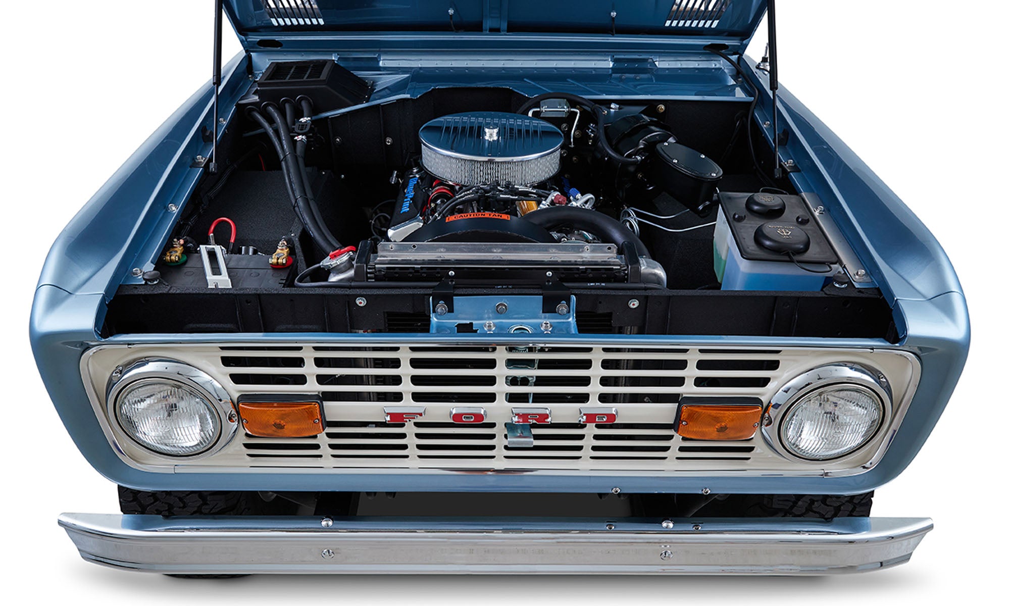 1973 Brittany Blue Ford Bronco 302 Series with Tan Soft Top Engine