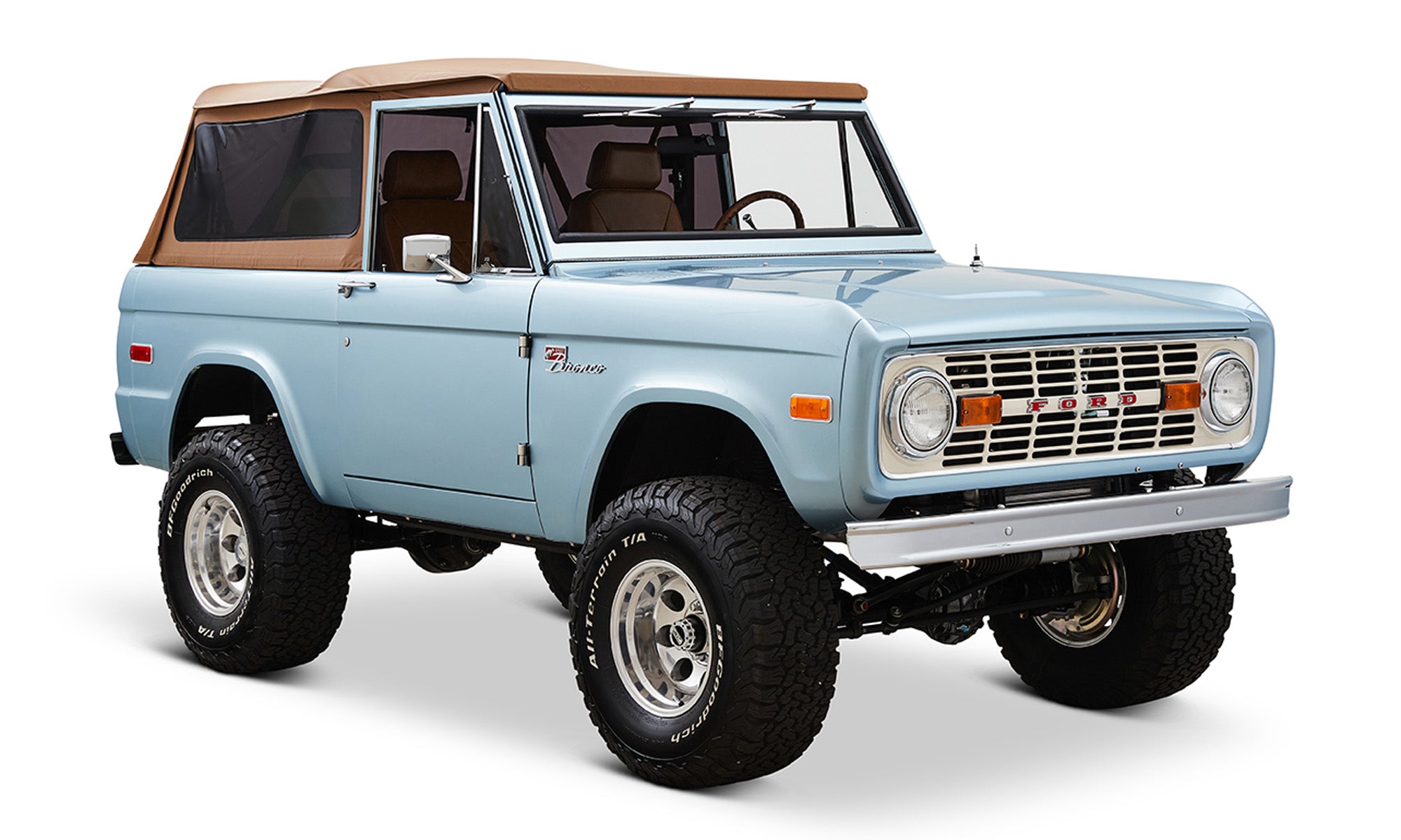 1973 Brittany Blue Ford Bronco 302 Series with Tan Soft Top