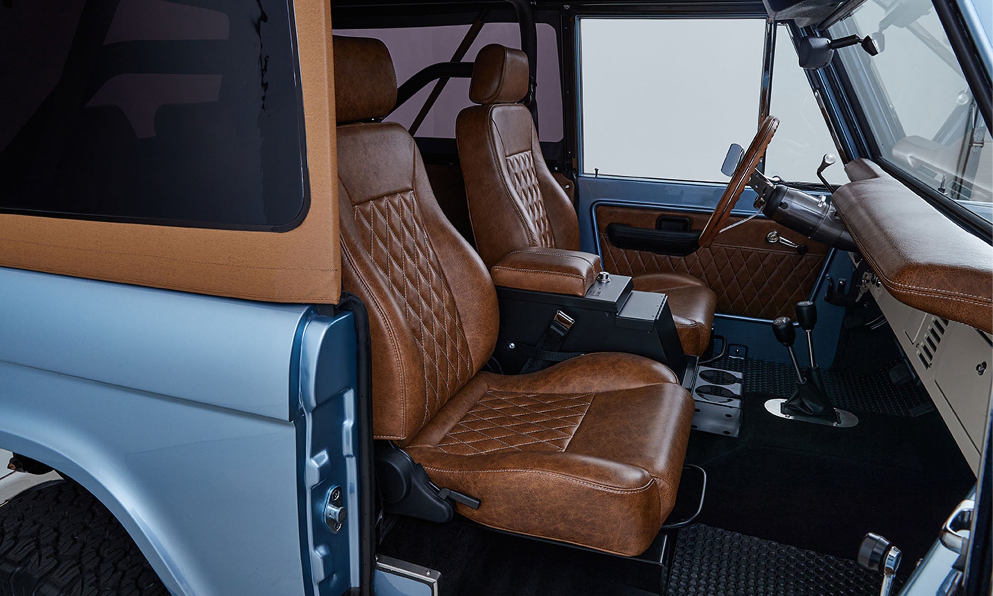 1973 Brittany Blue Ford Bronco 302 Series with Tan Soft Top Custom Leather Interior
