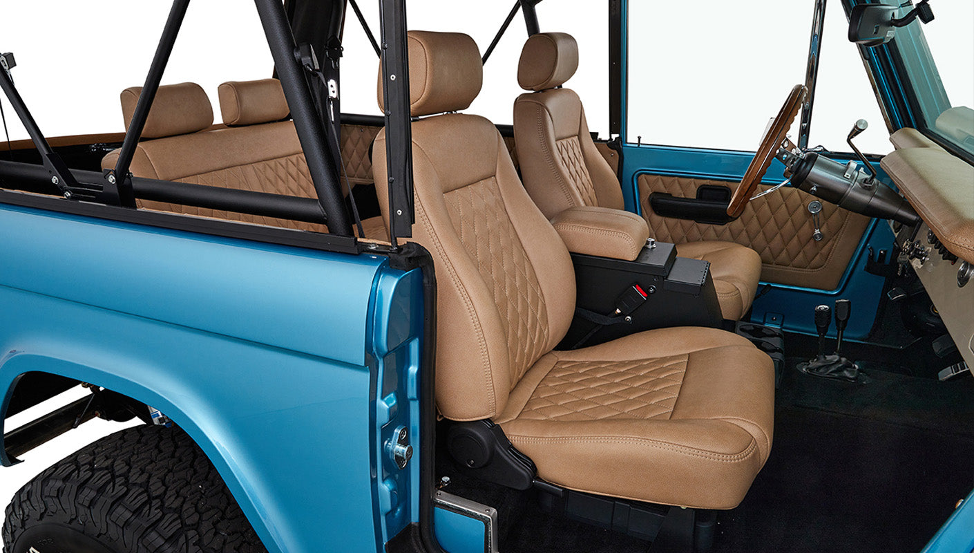 Ford Bronco 1974 Ocean Blue with Tan Soft Top Custom Leather Interior