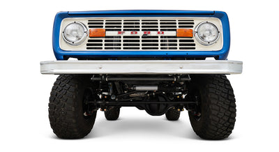 Front underside view of Classic Ford Bronco highlights suspension, axle, and tire tread