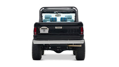Rear view of Classic Ford Bronco in black with chrome bumper and visible suspension components