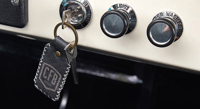 Classic Ford Bronco ignition switch with key and leather keychain attached