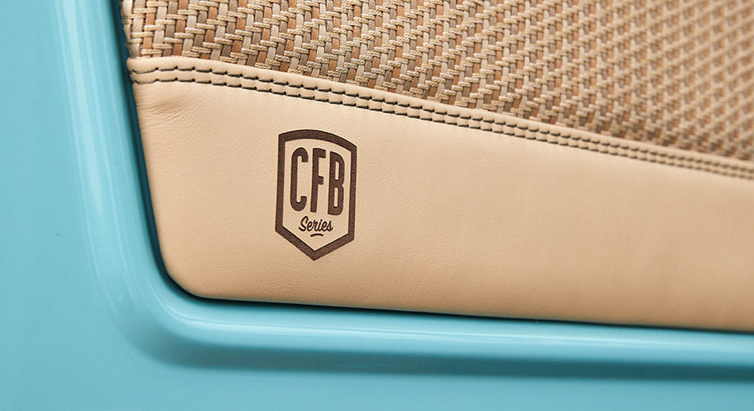 Leather or vinyl material panel with stitched logo reading 'CFB Series' on a light blue background