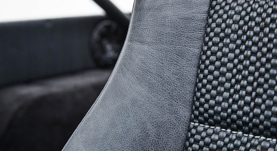 Detailed view of gray and black textured material on Classic Ford Bronco seat