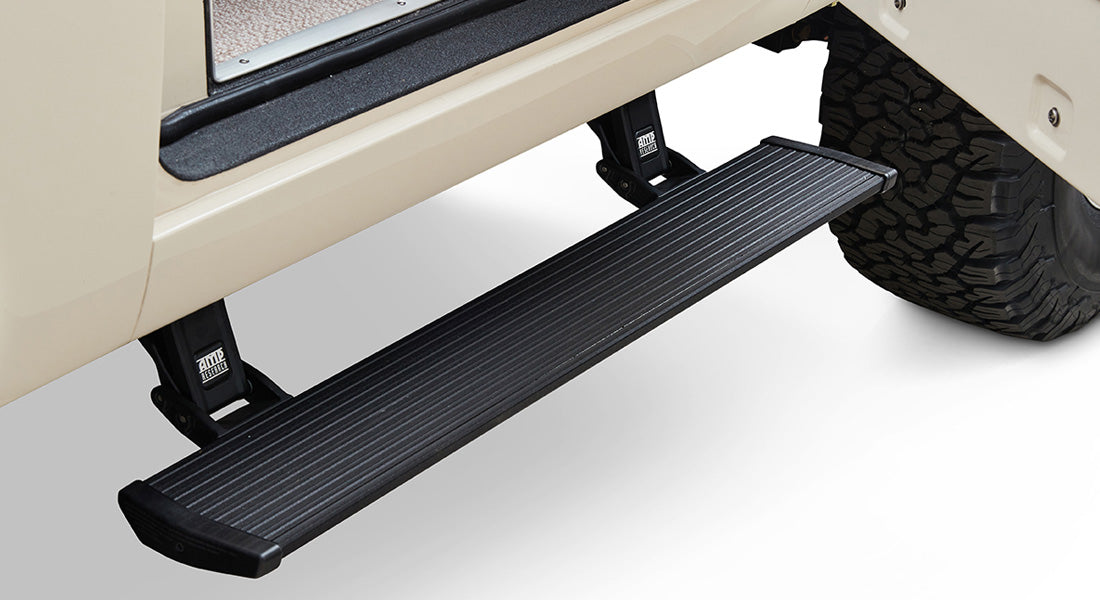 Black power step running board extended below Classic Ford Bronco door