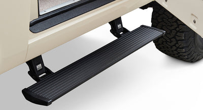 Black power step running board extended below Classic Ford Bronco door