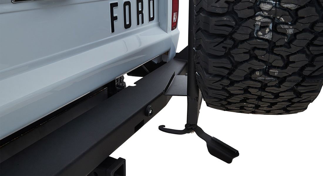 Rear spare tire mounted on Classic Ford Bronco spare tire carrier