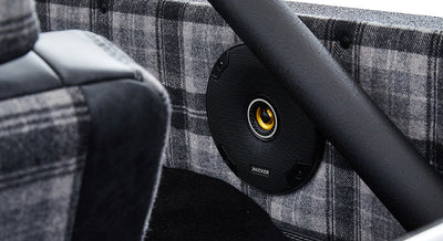 Plaid fabric interior door panel and black speaker inside a Classic Ford Bronco