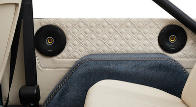 Interior rear side panel of Classic Ford Bronco with two black speakers and blue carpet