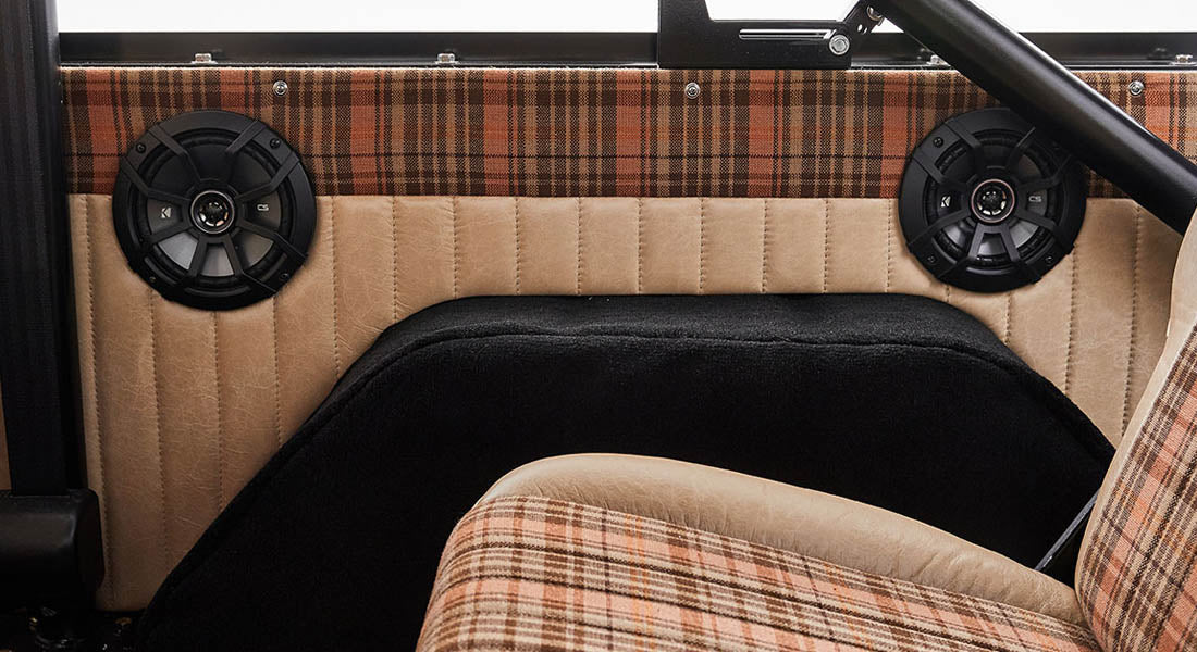 Interior side panel with plaid upholstery and two black speakers mounted
