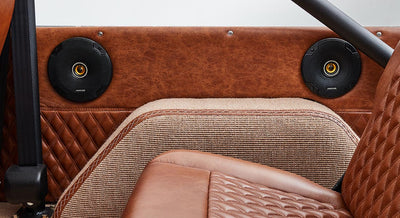 Brown leather and beige fabric interior door panel with two round black speakers