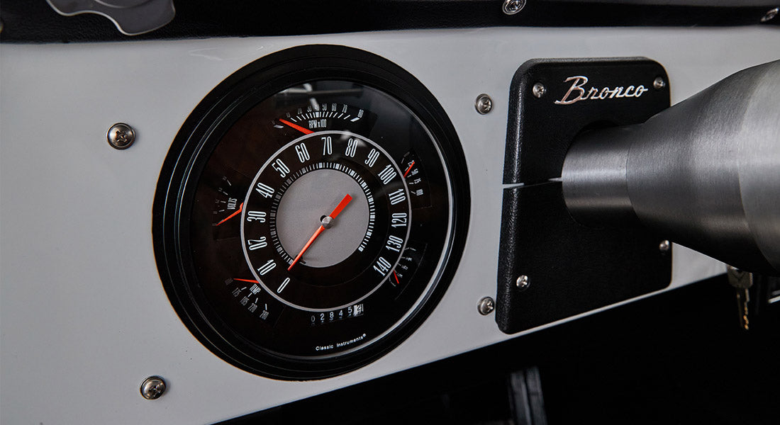 Classic Ford Bronco speedometer showing RPM and speed in miles per hour