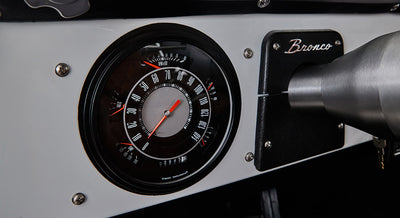 Classic Ford Bronco speedometer showing RPM and speed in miles per hour