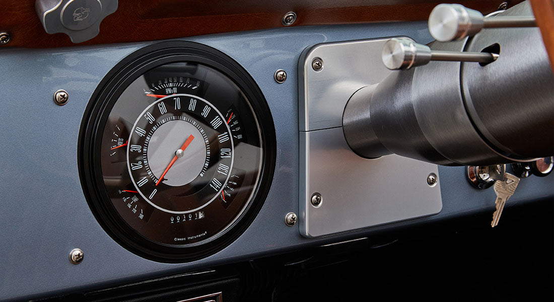 Classic Ford Bronco dashboard speedometer and instrumentation in black and silver