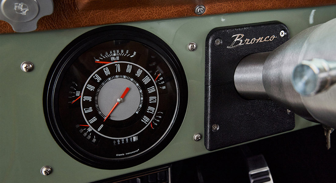 Speedometer in Classic Ford Bronco dashboard labeled Bronco with RPM and speed readings