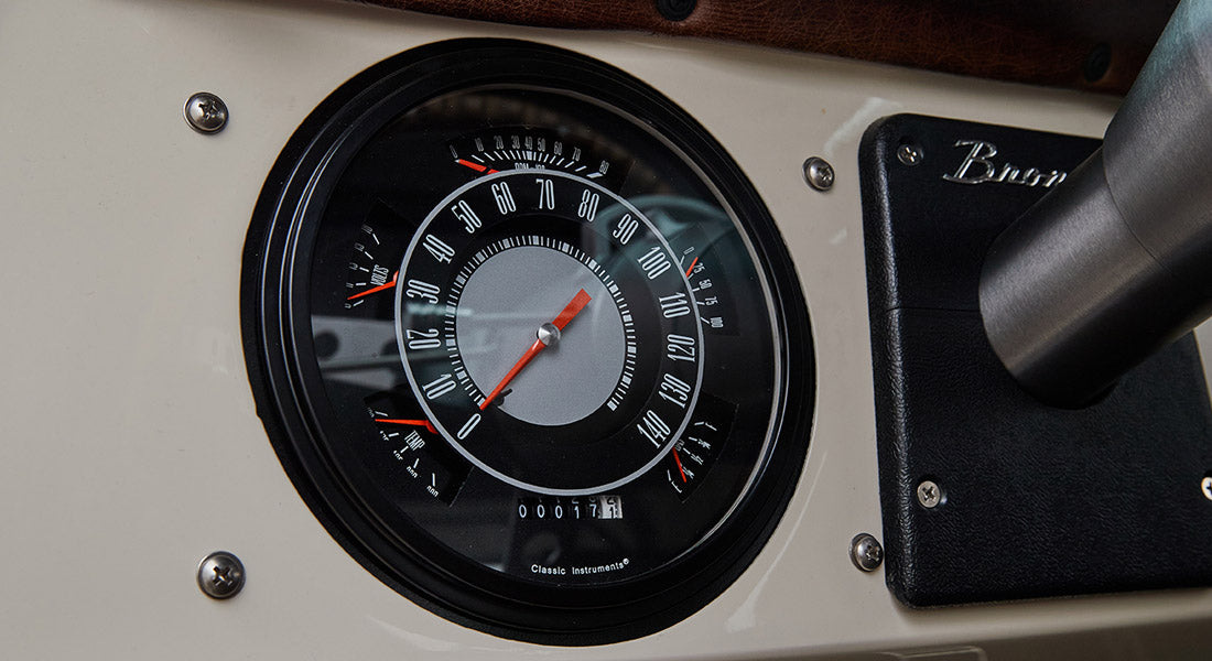 Classic Ford Bronco dashboard analog speedometer showing zero miles and odometer reading 177