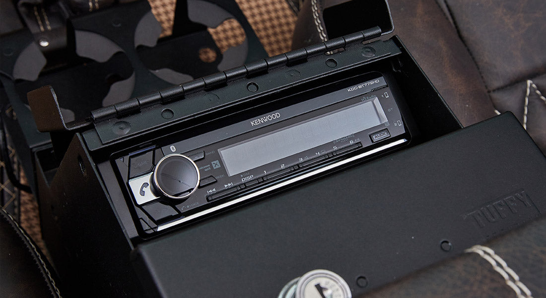 Kenwood stereo system installed in interior of a Classic Ford Bronco
