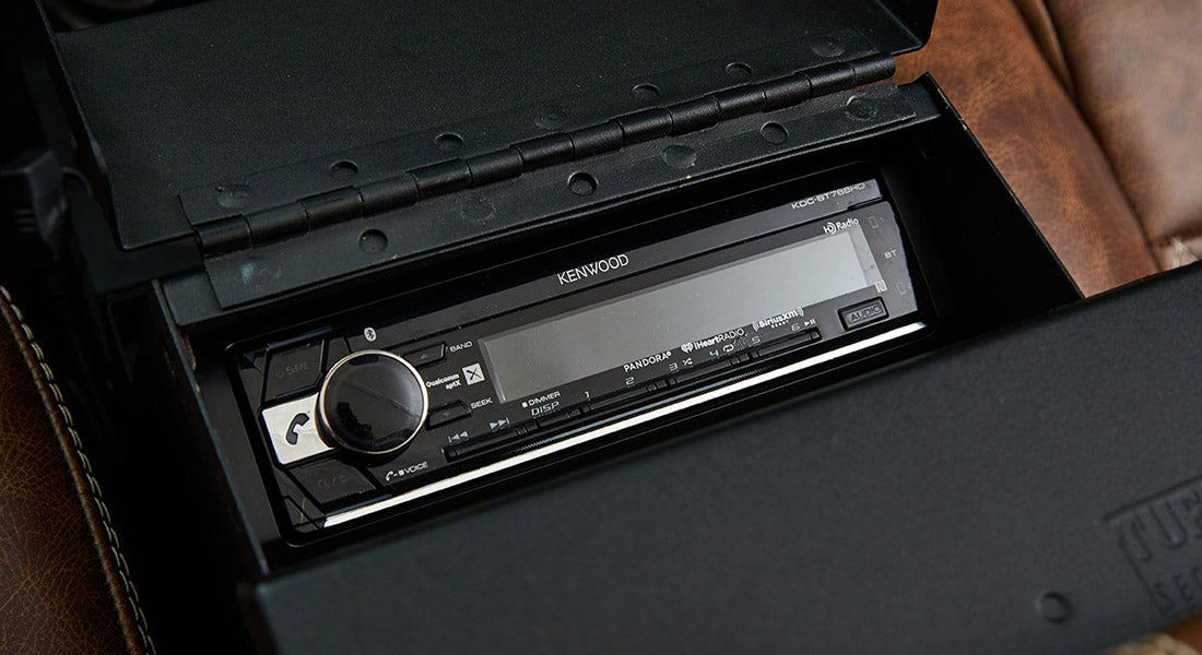 Kenwood stereo console installed in Classic Ford Bronco interior