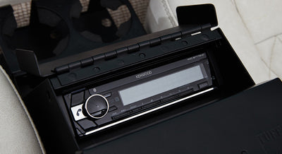 Kenwood stereo unit installed inside Classic Ford Bronco interior