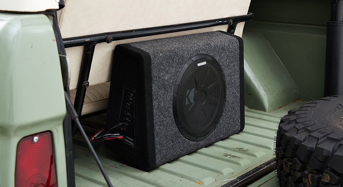 Wicked brand subwoofer in the back area of a Classic Ford Bronco