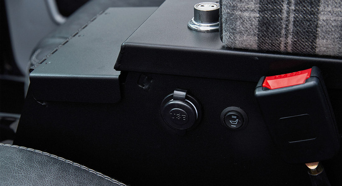 Black metal Tuffybox console with USB port and seat heater control
