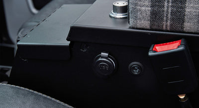 Black metal Tuffybox console with USB port and seat heater control