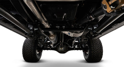 Undercarriage view of Classic Ford Bronco showing suspension, drivetrain, and rear axle components.