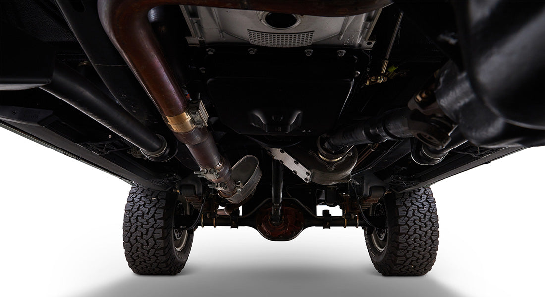 Undercarriage view of Classic Ford Bronco showing suspension and exhaust system