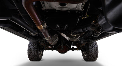 Undercarriage view of Classic Ford Bronco showing suspension and exhaust system