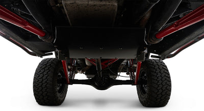 Undercarriage view of a Classic Ford Bronco showing suspension and tires