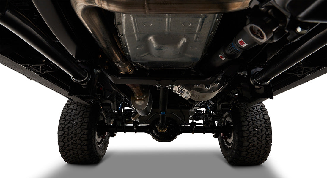 Undercarriage view showing suspension and exhaust system of a Classic Ford Bronco