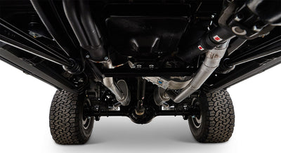 Undercarriage of vehicle showing axles, exhaust, and tires from below