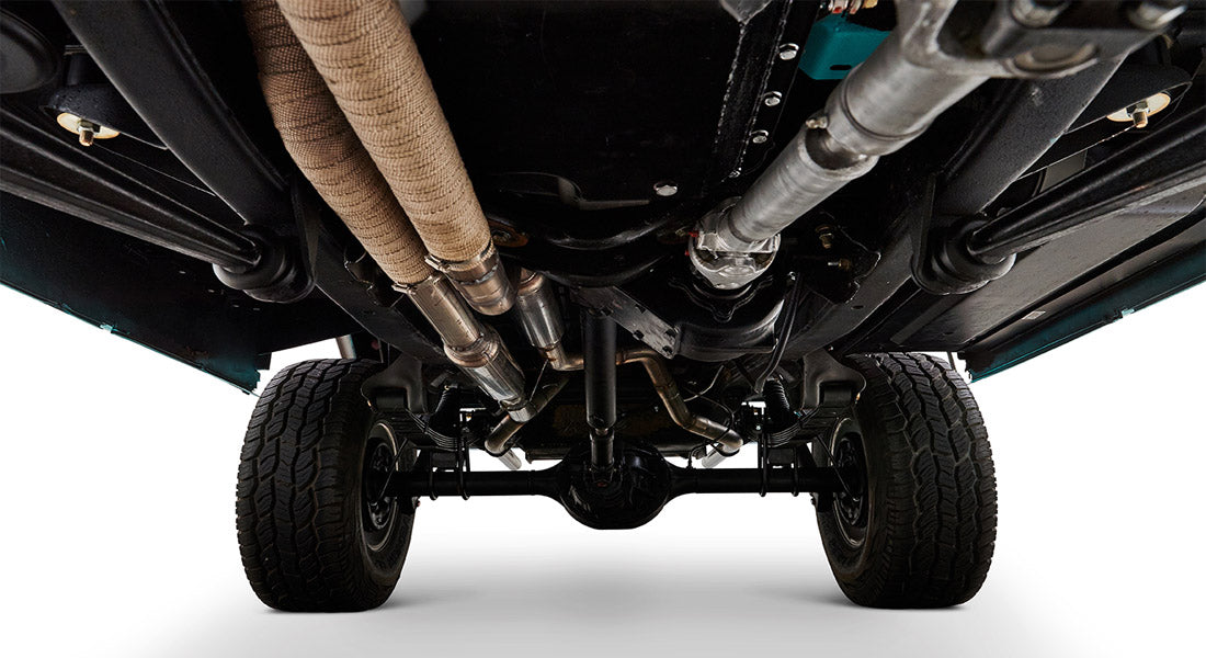 Undercarriage view showing exhaust system and rear axle of Classic Ford Bronco