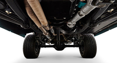Undercarriage view showing exhaust system and rear axle of Classic Ford Bronco