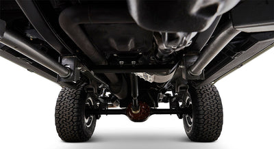 Undercarriage view showing suspension and tires of Classic Ford Bronco