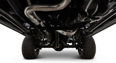 Undercarriage view showing suspension and tires of a Classic Ford Bronco