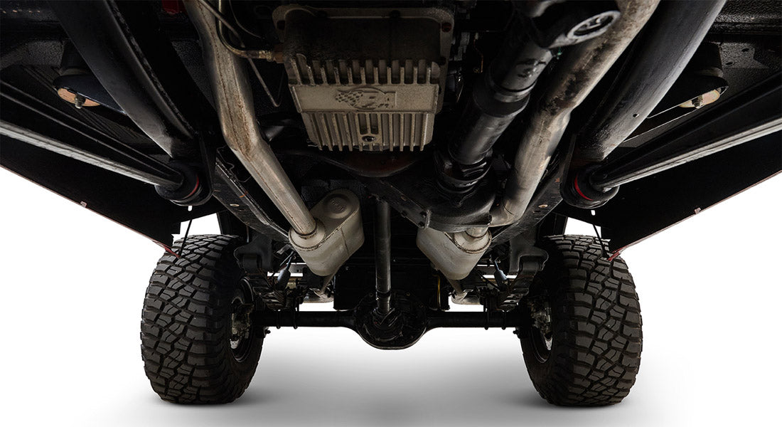 Undercarriage view of Classic Ford Bronco showing suspension and exhaust components