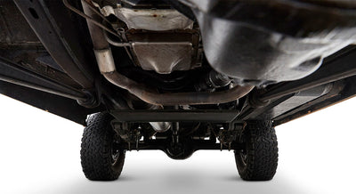 Undercarriage view of Classic Ford Bronco showing exhaust and suspension system