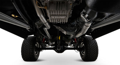 Underneath view of Classic Ford Bronco showing black restored undercarriage with exhaust and differential