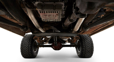 View of Classic Ford Bronco undercarriage showcasing exhaust and suspension components