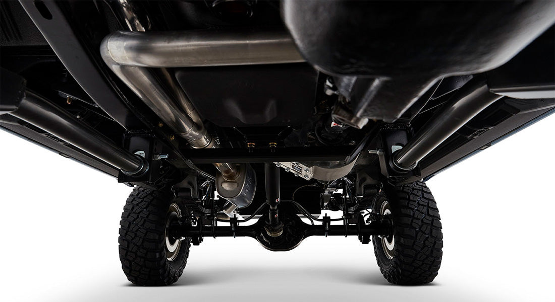 Undercarriage view showing exhaust and drivetrain of Classic Ford Bronco