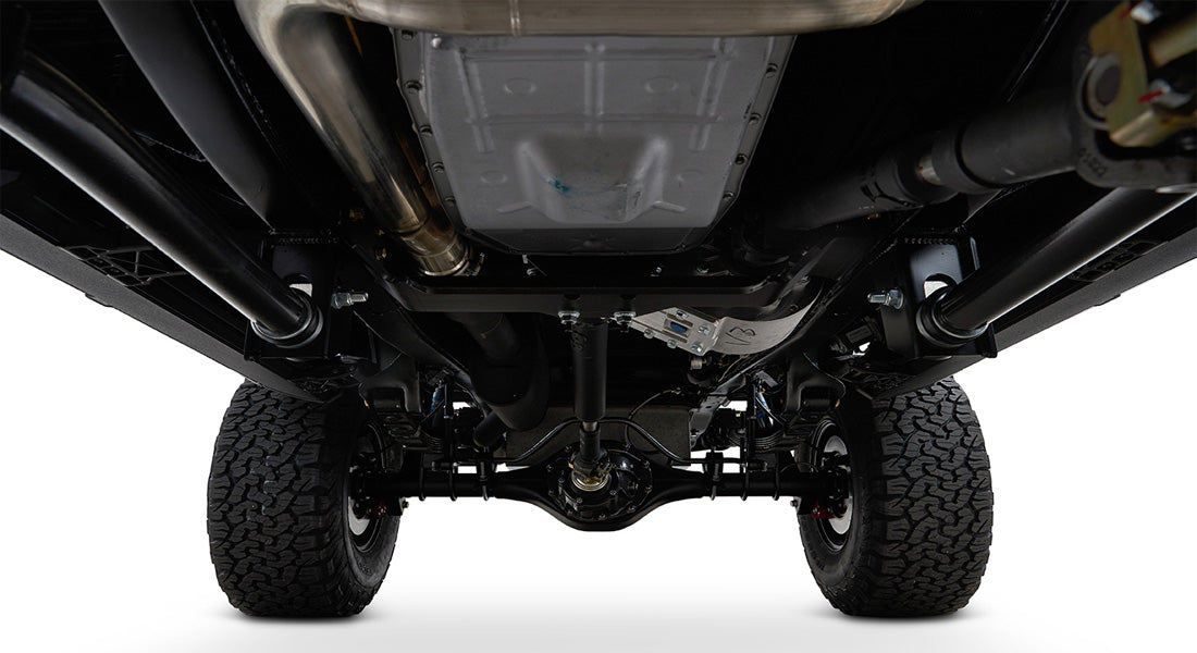 Undercarriage view showing suspension and exhaust of Classic Ford Bronco