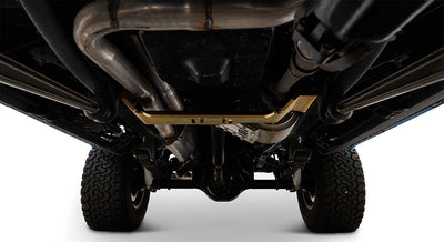 Undercarriage and exhaust system of a Classic Ford Bronco viewed from below