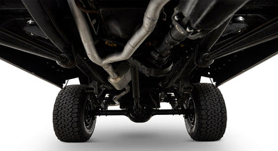 Undercarriage view of Classic Ford Bronco showing exhaust system and suspensions